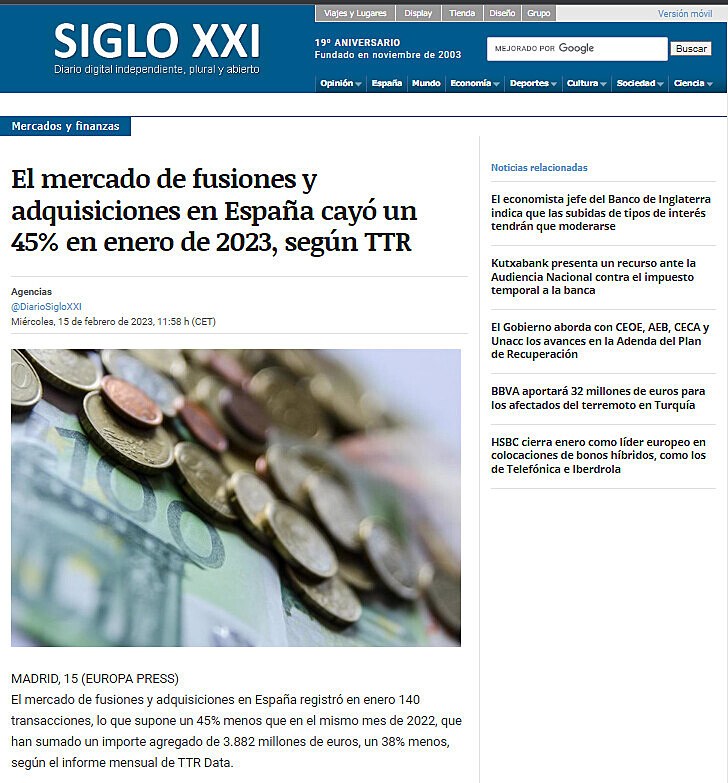 El mercado de fusiones y adquisiciones en Espaa cay un 45% en enero de 2023, segn TTR